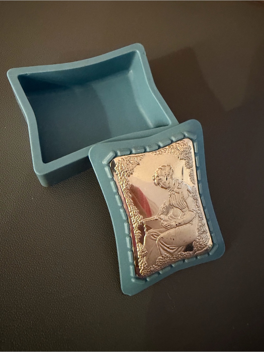 Decorative Blue Trinket Box with Silver Relief Lid